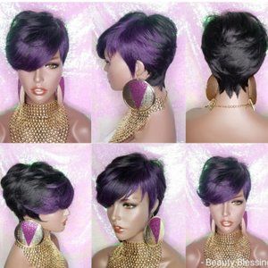 Purple Hair Pixie Cut Hairstyle Swoop Bang Fashion Trend Glueless Wig